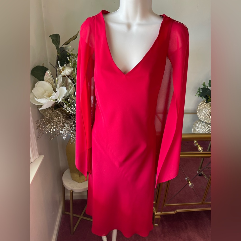 Red Metrostyle dress flowing, opened, arm sheer sleeve size 8 has 1 callout